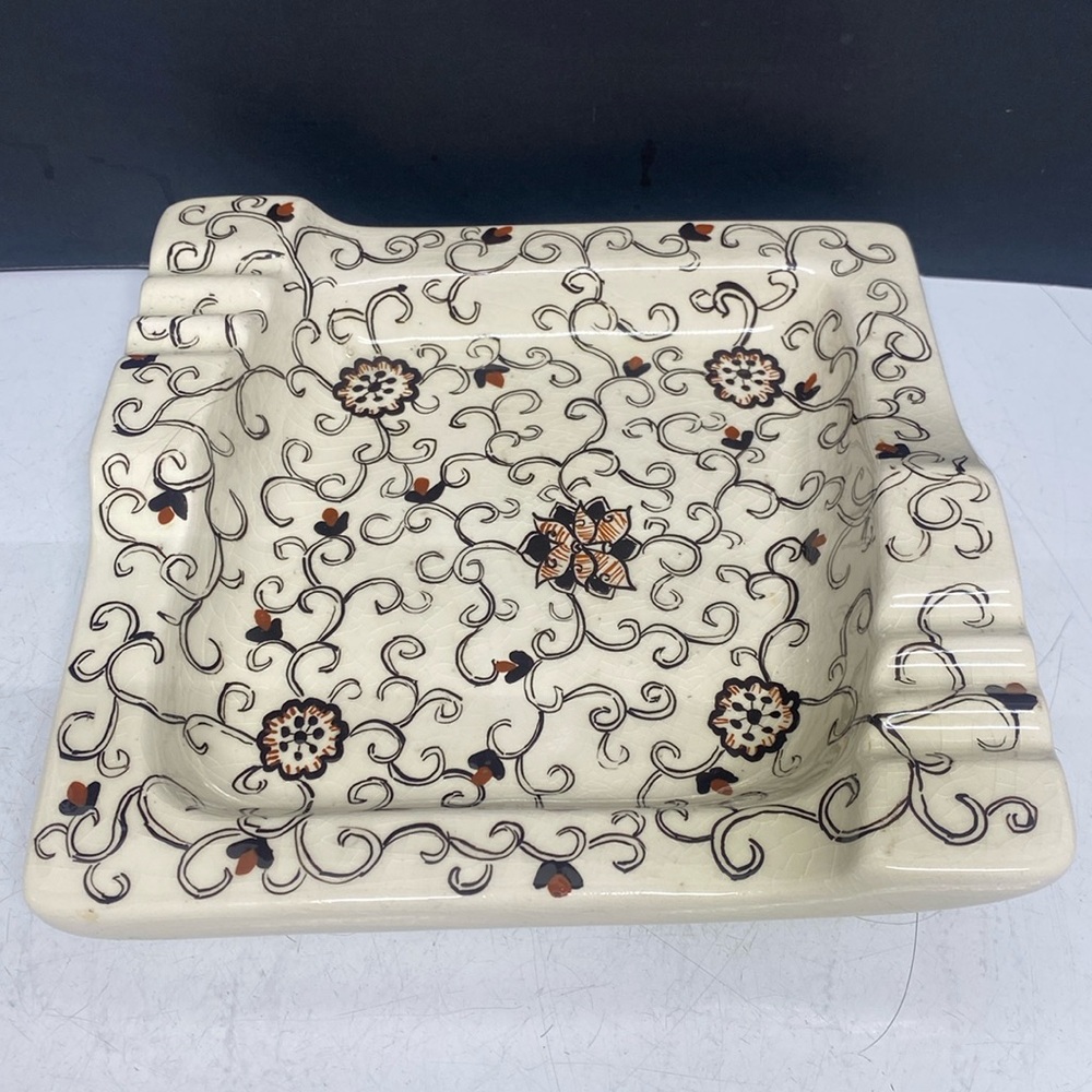Floral Ceramic Square Cigar Ashtray Pottery Guatamala